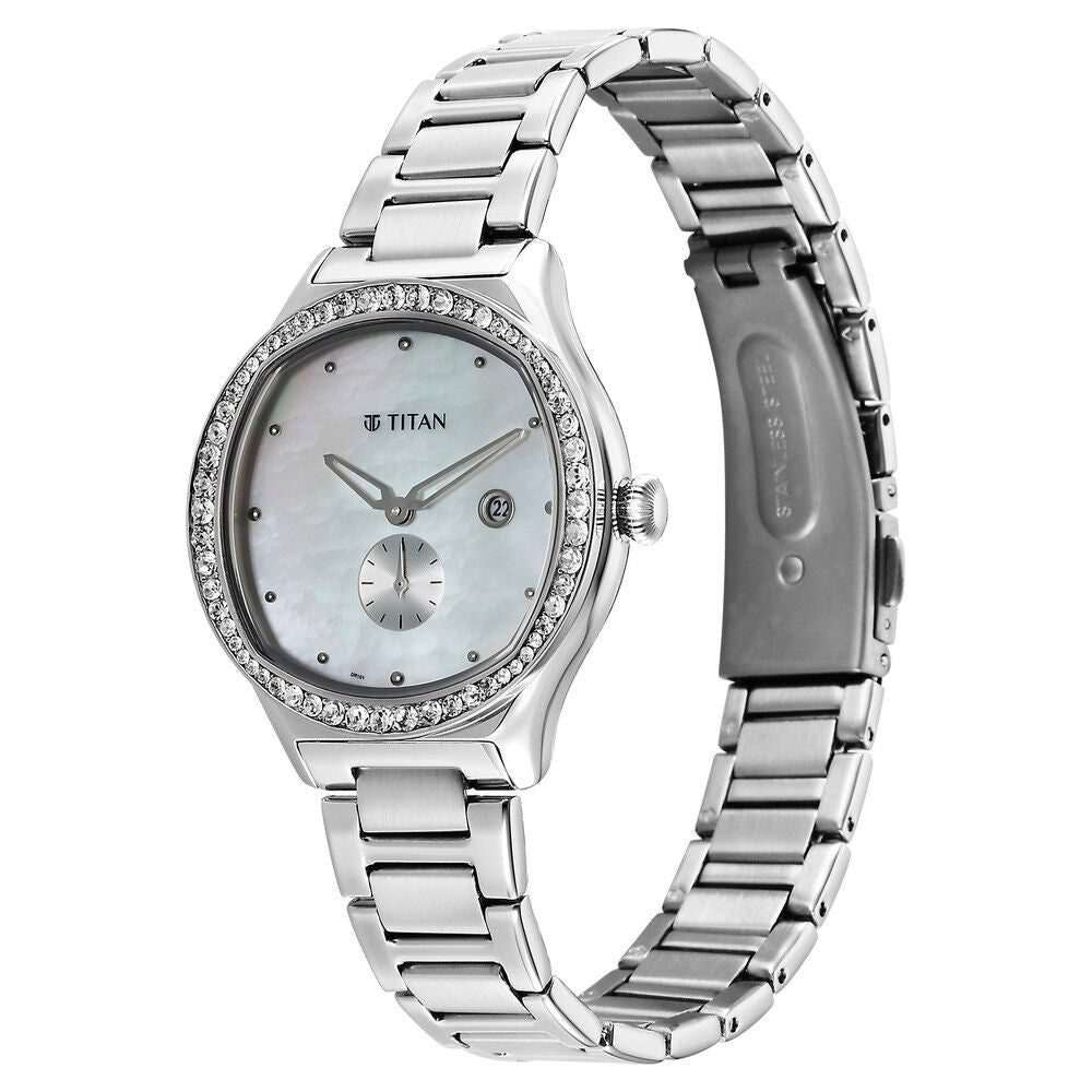 Titan Glamour Quartz Analog with Date Mother Of Pearl Dial Stainless Steel Strap Watch For Women - 95289SM01