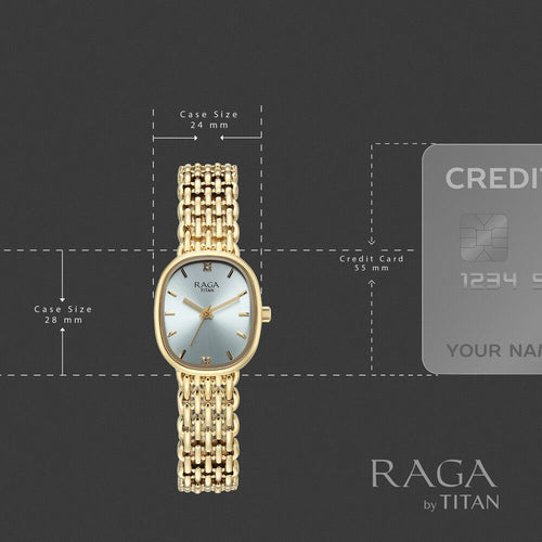 Titan Raga Spotlight Quartz Analog Blue Dial Golden Metal Strap Watch For Women - 95430YM01