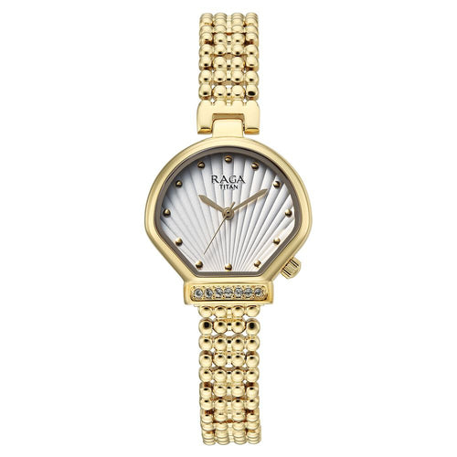 Titan Raga Spotlight Quartz Analog White Dial Golden Metal Strap Watch For Women - 95432YM01