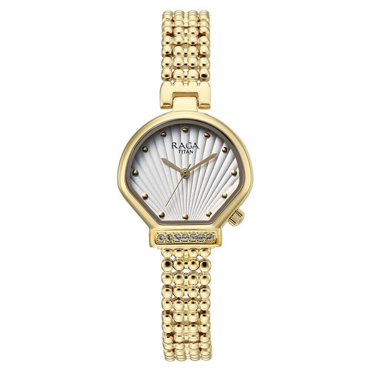 Titan Raga Spotlight Quartz Analog White Dial Golden Metal Strap Watch For Women - 95432YM01