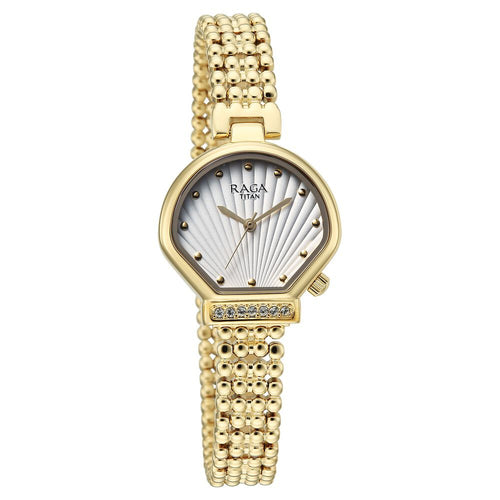 Titan Raga Spotlight Quartz Analog White Dial Golden Metal Strap Watch For Women - 95432YM01