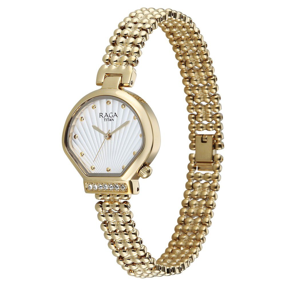 Titan Raga Spotlight Quartz Analog White Dial Golden Metal Strap Watch For Women - 95432YM01