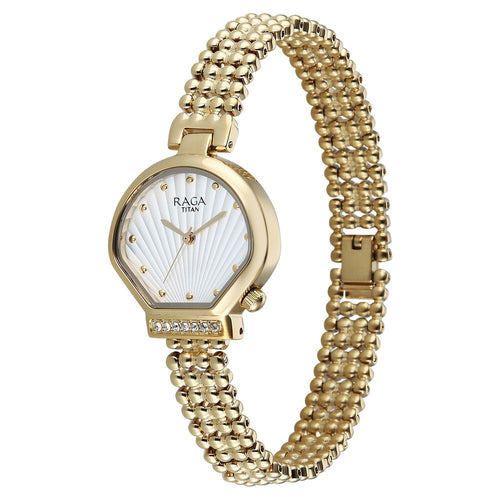 Titan Raga Spotlight Quartz Analog White Dial Golden Metal Strap Watch For Women - 95432YM01