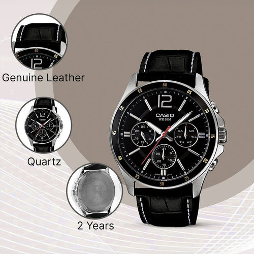 Enticer Men Quartz Black Dial Chronograph Leather Watch A834