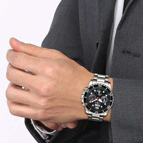 Men Quartz Black Dial Chronograph Stainless Steel Watch AI7000-83E