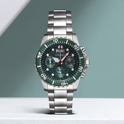 Men Quartz Green Dial Chronograph Stainless Steel Watch AI7009-89X