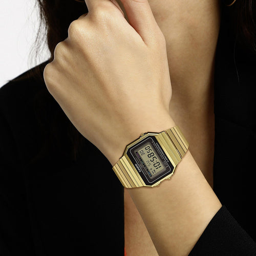 Vintage Unisex Quartz Gold Dial Digital Stainless Steel Watch D198