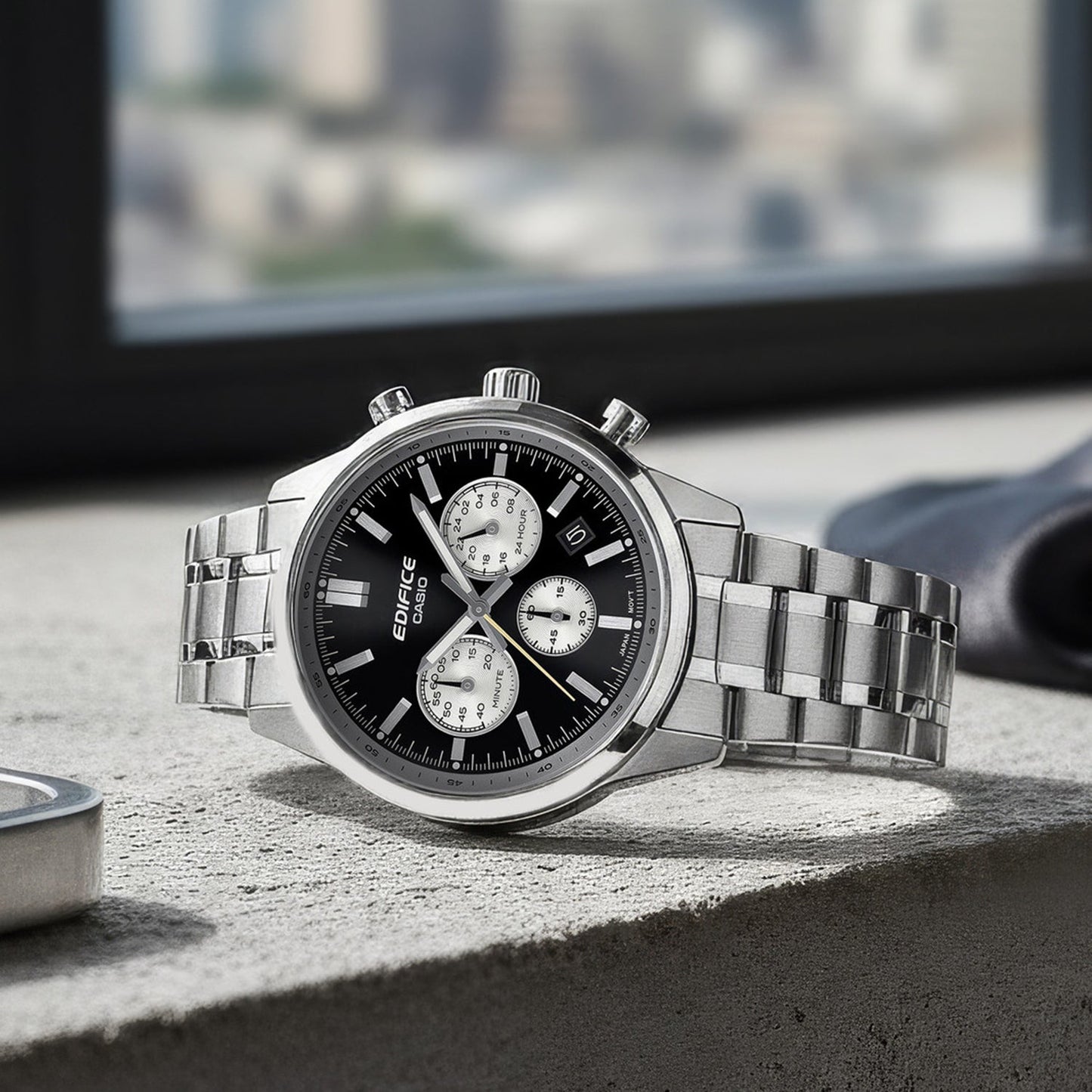 Edifice Men Quartz Black Dial Multi-Function Stainless Steel Watch ED655