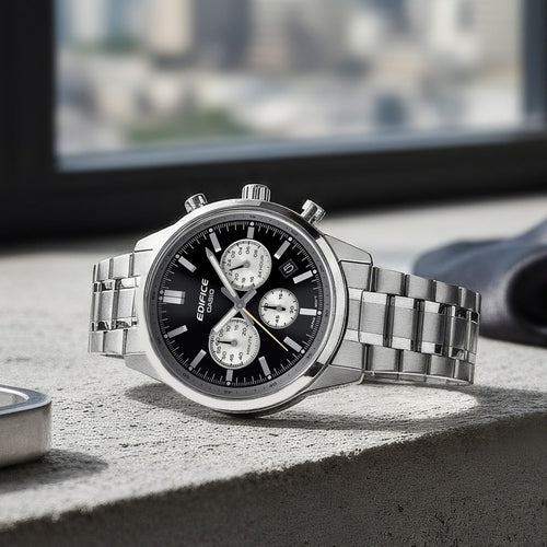 Edifice Men Quartz Black Dial Multi-Function Stainless Steel Watch ED655