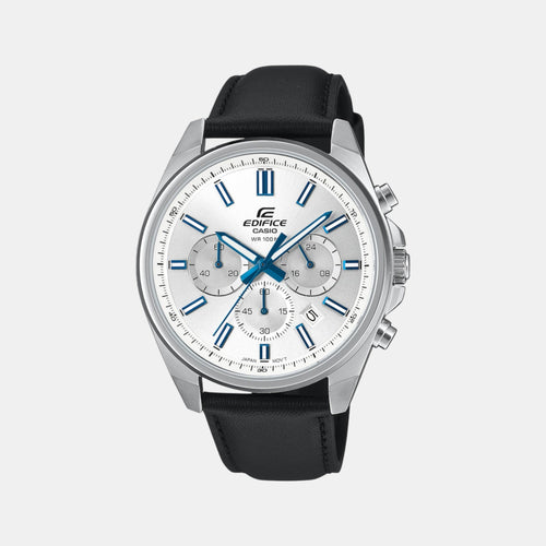 Edifice Men Quartz Silver Dial Chronograph Leather Watch ED661