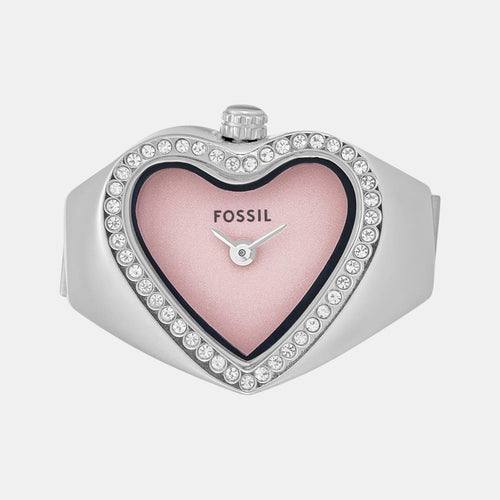 Watch Ring Women Quartz Pink Dial Analog Stainless Steel Watch ES5408