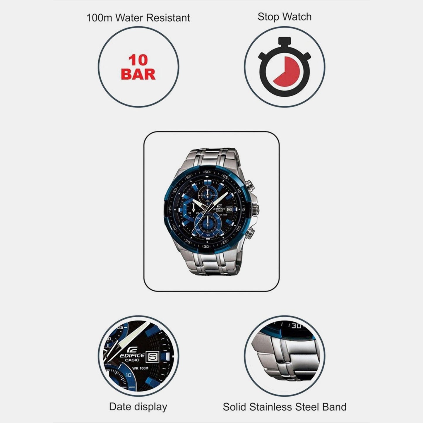 Edifice Men Quartz Black Dial Chronograph Stainless Steel Watch EX190
