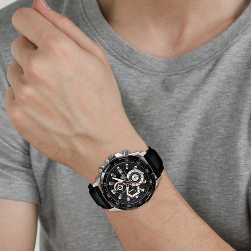 Edifice Men Quartz Black Dial Chronograph Leather Watch EX193