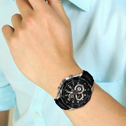 Edifice Men Quartz Black Dial Chronograph Leather Watch EX193