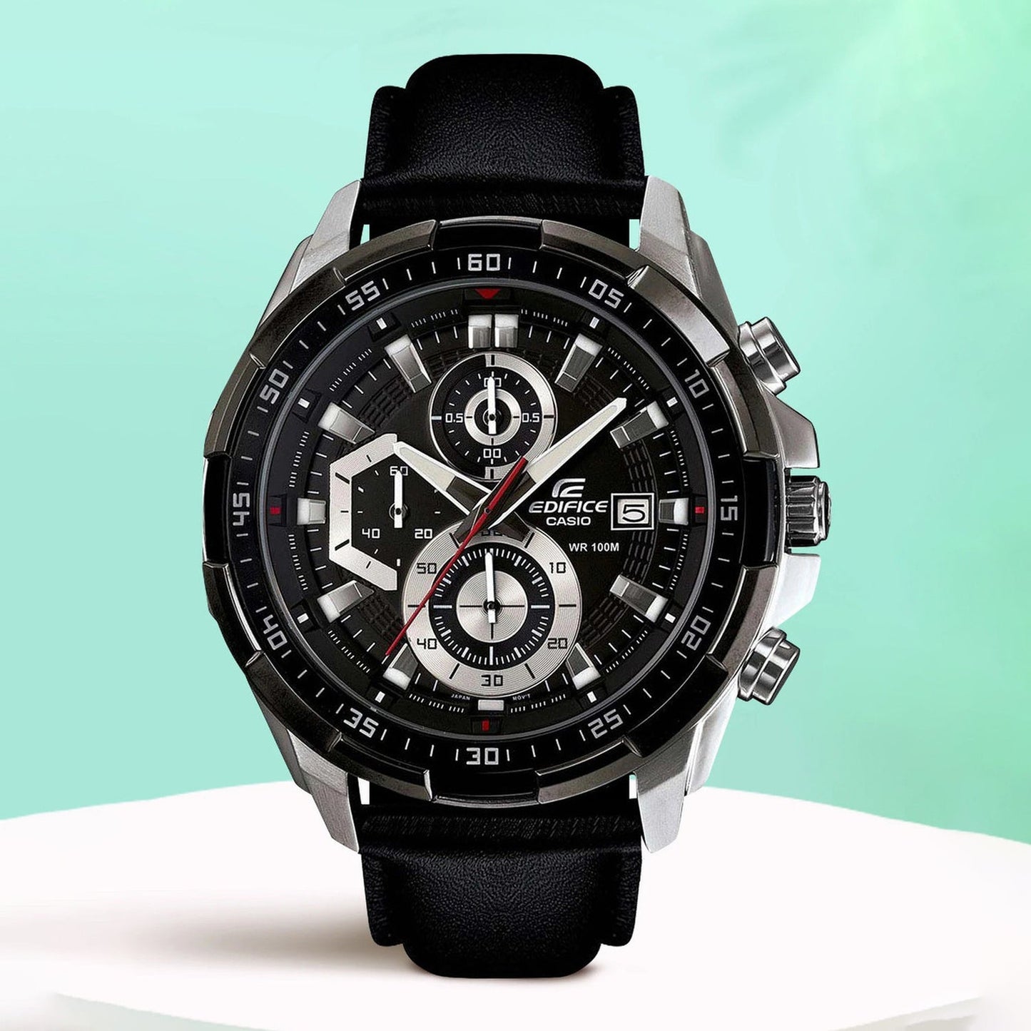 Edifice Men Quartz Black Dial Chronograph Leather Watch EX193