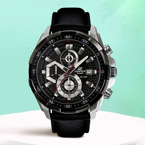 Edifice Men Quartz Black Dial Chronograph Leather Watch EX193