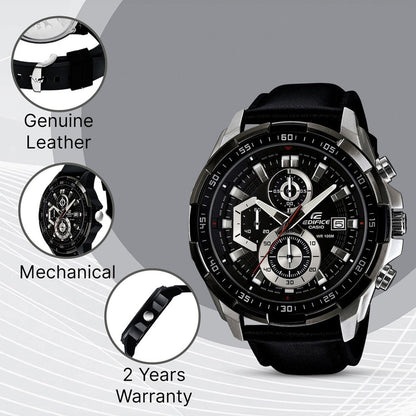 Edifice Men Quartz Black Dial Chronograph Leather Watch EX193