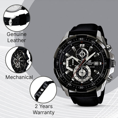 Edifice Men Quartz Black Dial Chronograph Leather Watch EX193