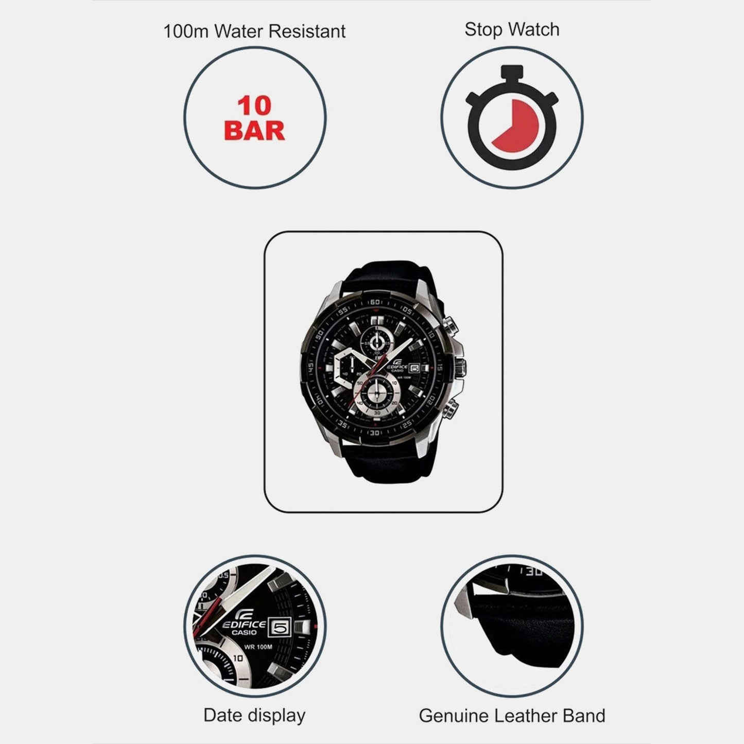 Edifice Men Quartz Black Dial Chronograph Leather Watch EX193