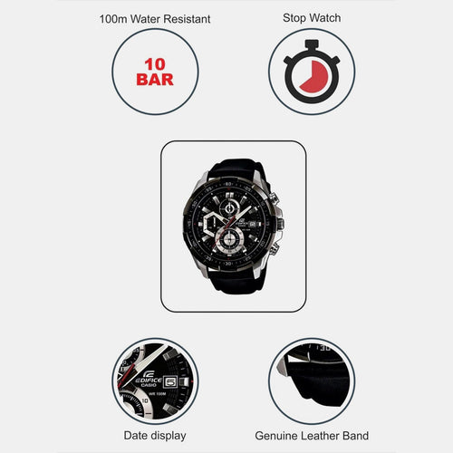 Edifice Men Quartz Black Dial Chronograph Leather Watch EX193