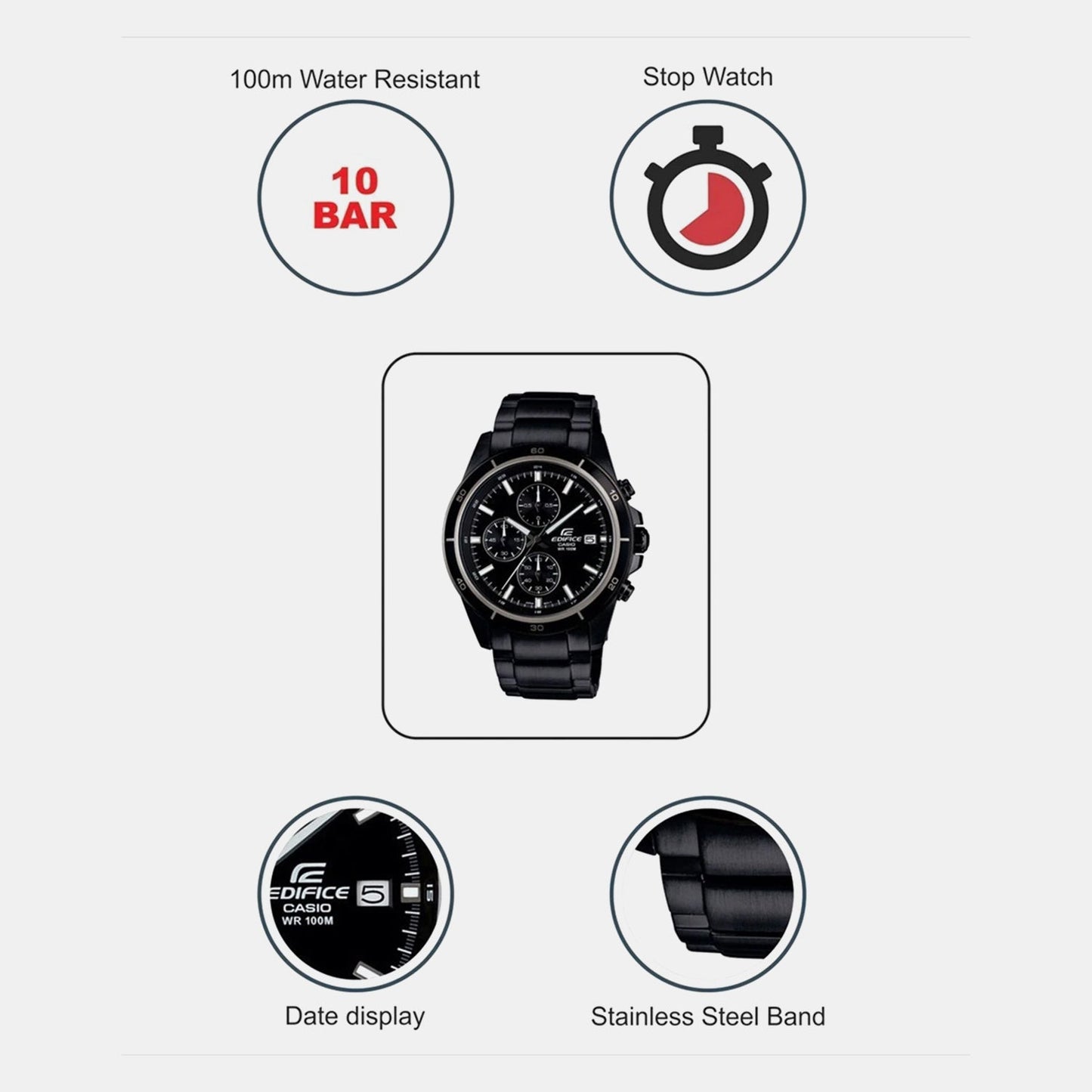 Edifice Men Quartz Black Dial Chronograph Stainless Steel Watch EX206