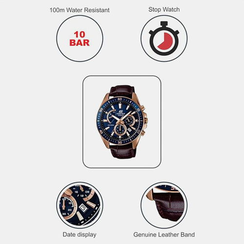 Edifice Men Quartz Blue Dial Chronograph Leather Watch EX358
