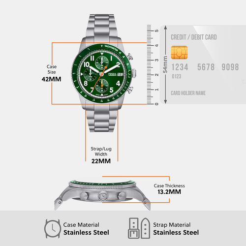 Sport Tourer Men Quartz Green Dial Chronograph Stainless Steel Watch FS6048