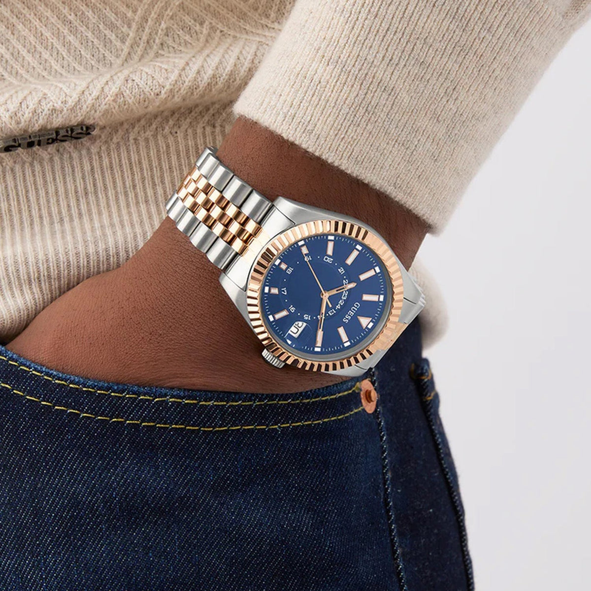 Gd Jaden Men Quartz Blue Dial Analog Stainless Steel Watch Gw0977G5
