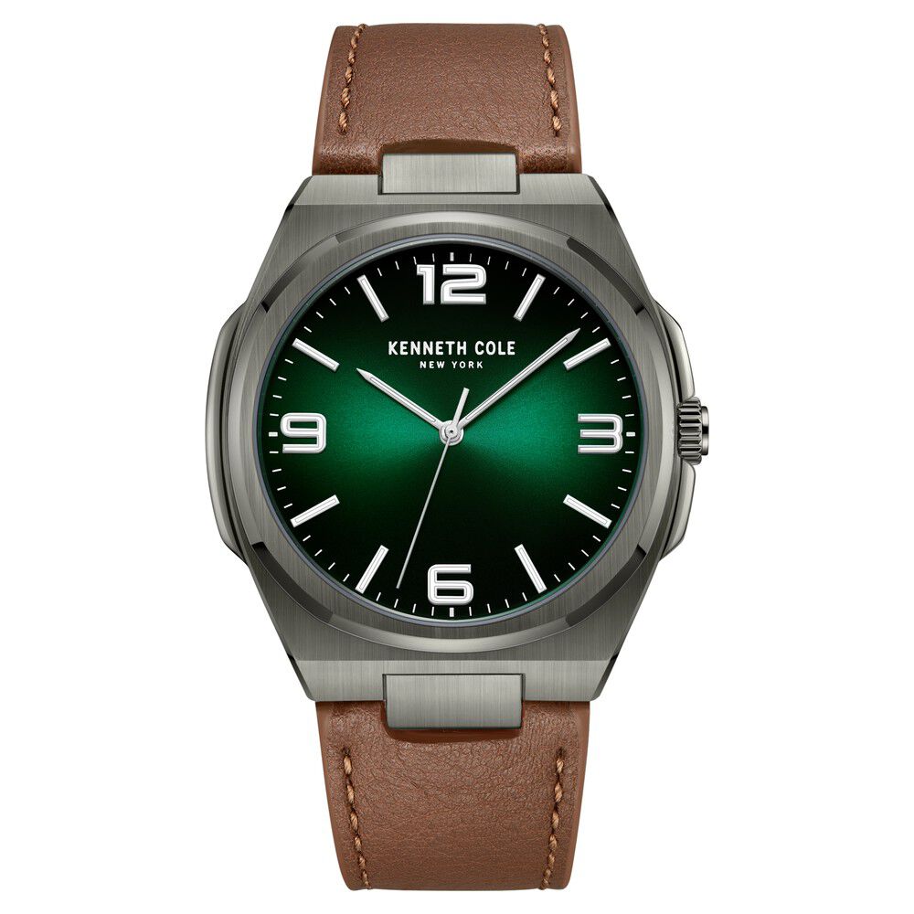 Kenneth Cole Quartz Analog Green Dial Brown Leather Strap Watch for Men-Ntkcwga0015202mn