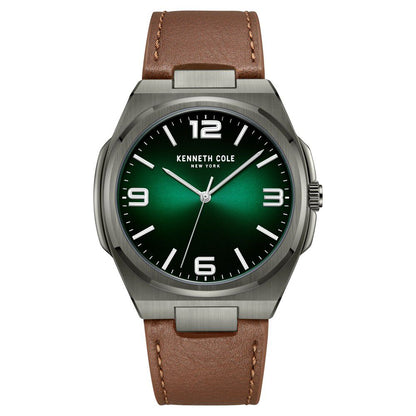 Kenneth Cole Quartz Analog Green Dial Brown Leather Strap Watch for Men-Ntkcwga0015202mn
