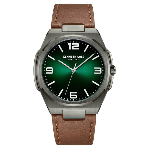 Kenneth Cole Quartz Analog Green Dial Brown Leather Strap Watch for Men-Ntkcwga0015202mn