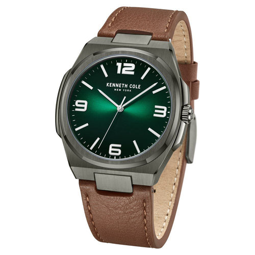 Kenneth Cole Quartz Analog Green Dial Brown Leather Strap Watch for Men-Ntkcwga0015202mn