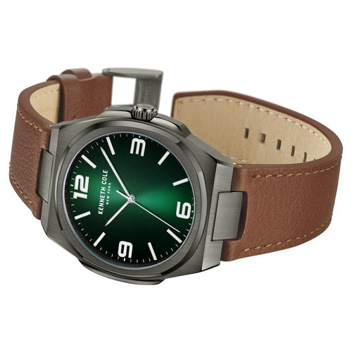 Kenneth Cole Quartz Analog Green Dial Brown Leather Strap Watch for Men-Ntkcwga0015202mn