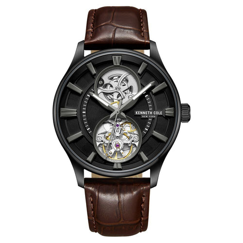 Kenneth Cole Automatic Black Dial with Tan Leather Strap Watch for Men-Ntkcwgx0049801mn