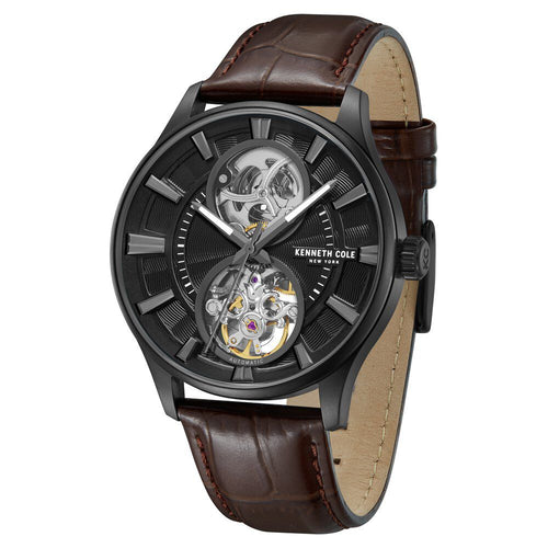 Kenneth Cole Automatic Black Dial with Tan Leather Strap Watch for Men-Ntkcwgx0049801mn