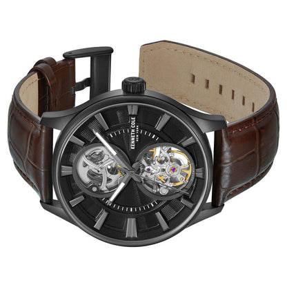 Kenneth Cole Automatic Black Dial with Tan Leather Strap Watch for Men-Ntkcwgx0049801mn