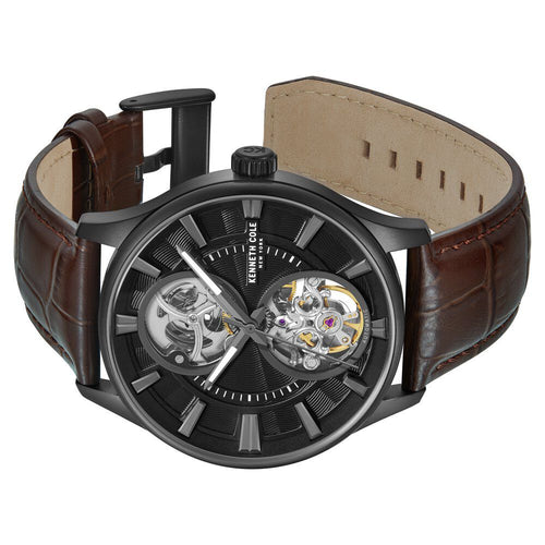 Kenneth Cole Automatic Black Dial with Tan Leather Strap Watch for Men-Ntkcwgx0049801mn