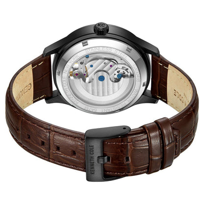 Kenneth Cole Automatic Black Dial with Tan Leather Strap Watch for Men-Ntkcwgx0049801mn