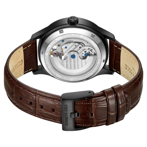 Kenneth Cole Automatic Black Dial with Tan Leather Strap Watch for Men-Ntkcwgx0049801mn