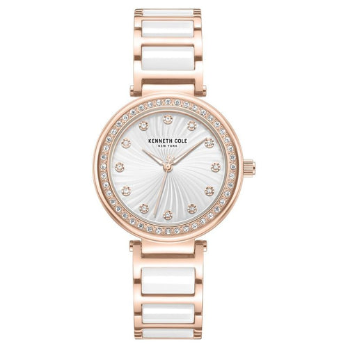 Kenneth Cole Quartz Analog Silver Dial Rose Gold Colour Ceramic Strap Watch For Women KCWLG0066102LD