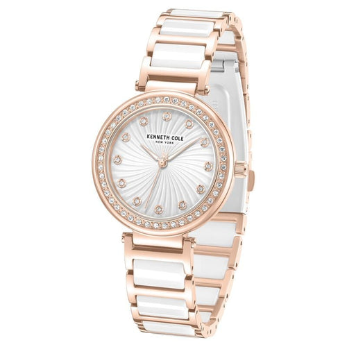 Kenneth Cole Quartz Analog Silver Dial Rose Gold Colour Ceramic Strap Watch For Women KCWLG0066102LD