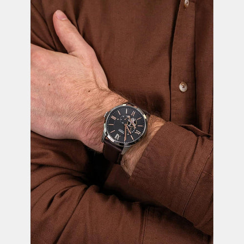 Towns Men Automatic Black Dial Multi-Function Leather Watch ME3061