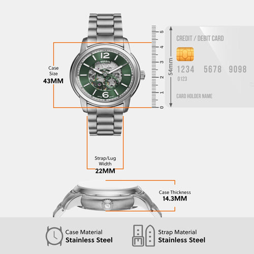 Fossil Heritage Men Automatic Green Dial Analog Stainless Steel Watch ME3262