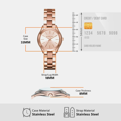 Mini Slim Runway Women Quartz Pink Dial Analog Stainless Steel Watch MK3513I