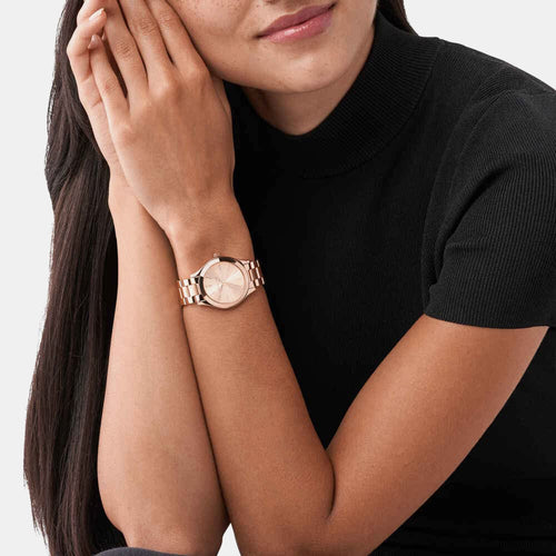 Mini Slim Runway Women Quartz Pink Dial Analog Stainless Steel Watch MK3513
