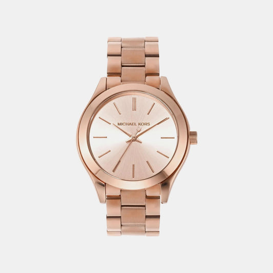 Mini Slim Runway Women Quartz Pink Dial Analog Stainless Steel Watch MK3513I
