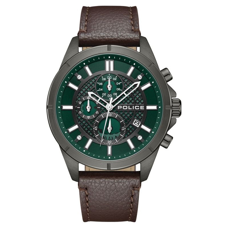 Police Chronograph Green Dial Brown Color Leather Strap Watch For Men