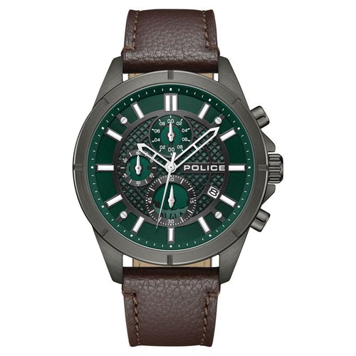 Police Chronograph Green Dial Brown Color Leather Strap Watch For Men NTPLPEWGC0054002