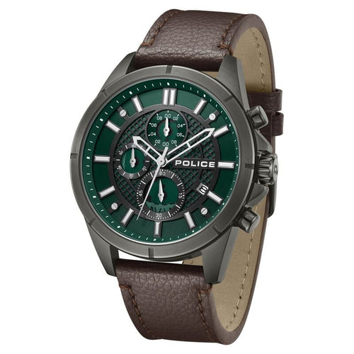 Police Chronograph Green Dial Brown Color Leather Strap Watch For Men NTPLPEWGC0054002