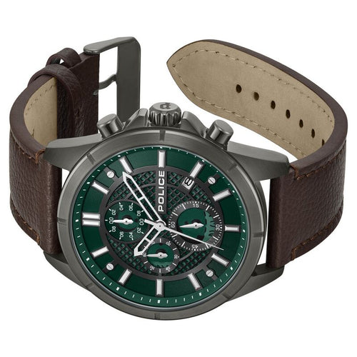 Police Chronograph Green Dial Brown Color Leather Strap Watch For Men NTPLPEWGC0054002
